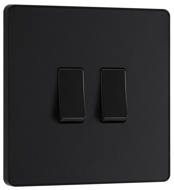 PCDMB42B Front - This Evolve Matt Black 20A 16AX double light switch from British General can operate 2 different lights, whilst the 2 way switching allows a second switch to be added to the circuit to operate the same light from another location (e.g. at the top and bottom of the stairs).