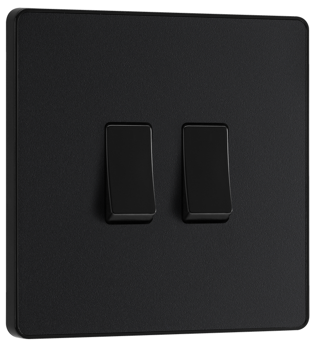 PCDMB42B Front - This Evolve Matt Black 20A 16AX double light switch from British General can operate 2 different lights, whilst the 2 way switching allows a second switch to be added to the circuit to operate the same light from another location (e.g. at the top and bottom of the stairs).