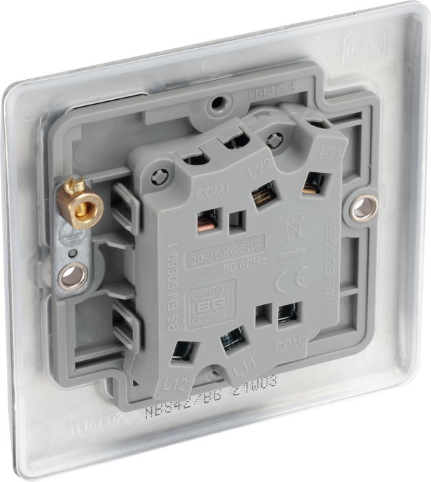 NBS42 Back -This brushed steel finish 20A 16AX double light switch from British General can operate 2 different lights whilst the 2 way switching allows a second switch to be added to the circuit to operate the same light from another location (e.g. at the top and bottom of the stairs).