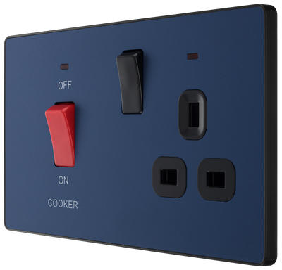 BG PCDDB70B Matt Blue Evolve 45A 2 Pole Cooker Control Unit 13A Switched Socket - Black Insert