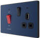 PCDDB70B Side -This Evolve Matt Blue 45A cooker control unit from British General includes a 13A socket for an additional appliance outlet, and has flush LED indicators above the socket and switch.