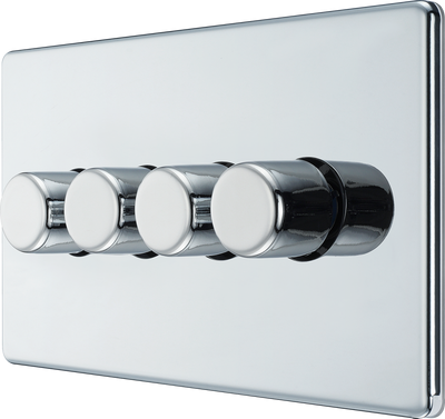BG Electrical FPC84 Nexus Flatplate Screwless Polished Chrome 4 Gang 200W 2 Way Trailing-Edge Push Dimmer Switch