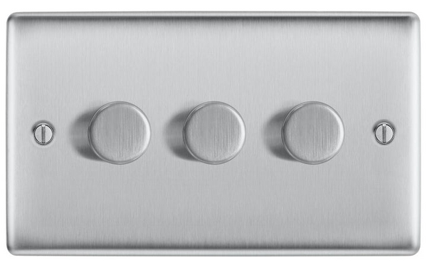 BG NBS83P 3 Gang, 2 Way, 400w Dimmer Switches-push Type Brushed Steel