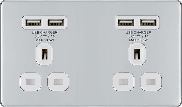 BG Electrical FPC24U44W Nexus Screwless Flat-Plate Unswitched Double Plug Socket Polished Chrome White Insert 4 USB 4.2A