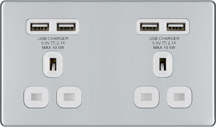 BG Electrical FPC24U44W Nexus Screwless Flat-Plate Unswitched Double Plug Socket Polished Chrome White Insert 4 USB 4.2A