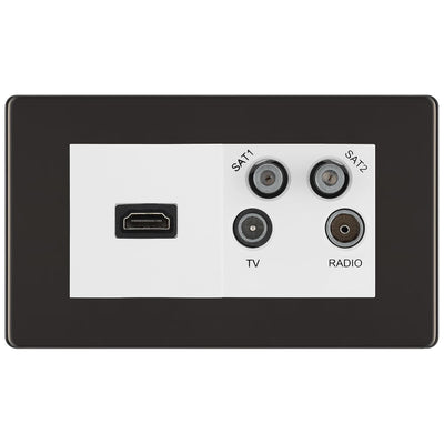 BG Screwless Black Nickel 4G Faceplate with HDMI + TV/FM/SAT Module - White by British General (BG-FBNEMR4-HDMI-TVFM2W)