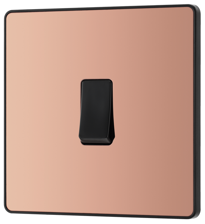 PCDCP13B Front - This Evolve Polished Copper 20A 16AX intermediate light switch from British General should be used as the middle switch when you need to operate one light from 3 different locations, such as either end of a hallway and at the top of the stairs.