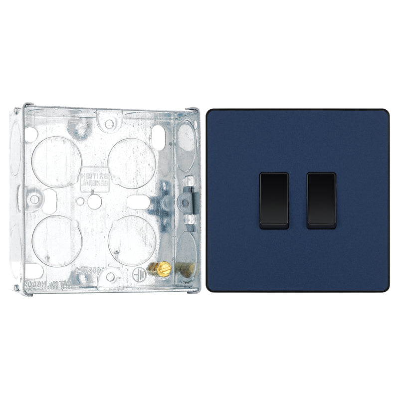 BG Evolve Matt Blue 2 Gang 20A 16AX 2 Way Light Switch PCDDB42B with 25mm Steel Back Box