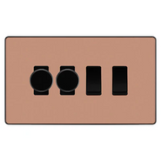 BG Evolve Polished Copper 4 Gang Light Switch Grid – 2x Trailing-Edge LED Dimmer, 1x Intermediate, 1x 2-Way Switch by British General (BG-Evolve-CP-4G-2x-Dimmer-1x-INT-1x-2Way)