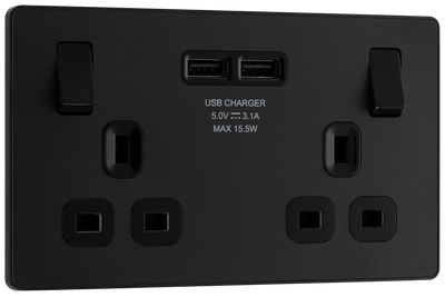 BG Evolve PCDMB22U3B Matt Black 2 Gang 13A -A 3.1A Socket-Black Insert