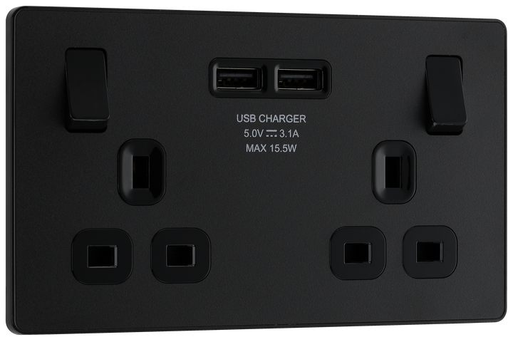 PCDMB22U3B Front - This Evolve Matt Black 13A double power socket from British General comes with two USB charging ports, allowing you to plug in an electrical device and charge mobile devices simultaneously without having to sacrifice a power socket. 