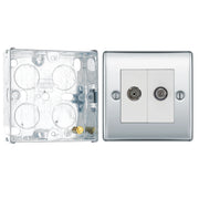 BG Nexus Polished Chrome Double 1x Co-Axial 1x Satellite Socket NPC65 with 25mm Steel Back Box by British General (BG-NPC65+HGS02)