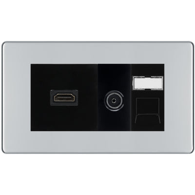 BG Screwless Polished Chrome Media Wall Plate TV Aerial, HDMI & CAT6 Outlet – Black Insert by British General