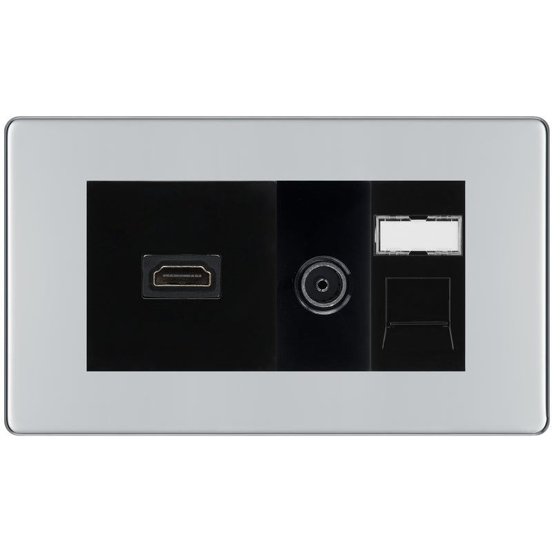 BG Screwless Polished Chrome Media Wall Plate TV Aerial, HDMI & CAT6 Outlet – Black Insert