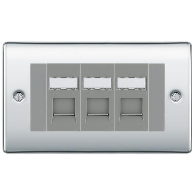 BG Nexus Polished Chrome 3 Gang RJ45 Cat6 Data Socket Outlet Grey Inserts by British General (BG-NPCRJ453G)