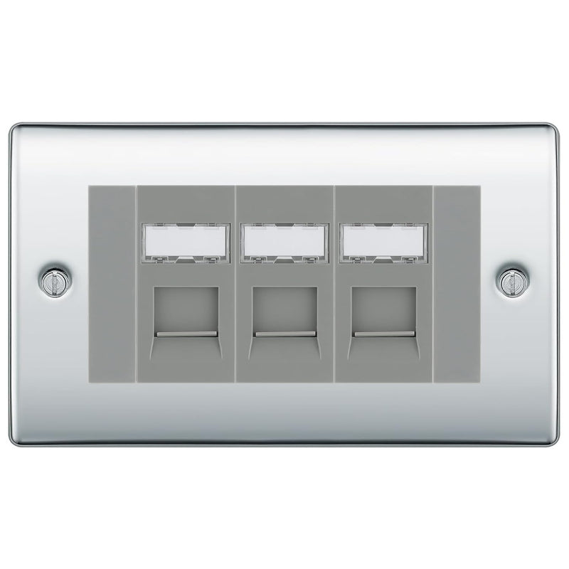 BG Nexus Polished Chrome 3 Gang RJ45 Cat6 Data Socket Outlet Grey Inserts
