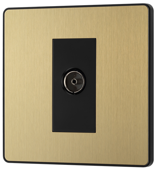 PCDSB60B Front - This Evolve Satin Brass single coaxial socket from British General can be used for TV or FM aerial connections. This socket has a low profile screwless flat plate that clips on and off, making it ideal for modern interiors.