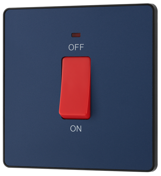 PCDDB74B Front -This Evolve Matt Blue 45A double pole switch with indicator from British General is ideal for use with cookers and ovens. This switch has a low profile screwless flat plate that clips on and off, making it ideal for modern interiors.