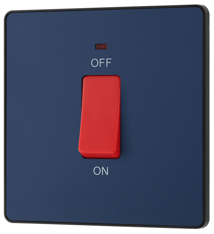 PCDDB74B Front -This Evolve Matt Blue 45A double pole switch with indicator from British General is ideal for use with cookers and ovens. This switch has a low profile screwless flat plate that clips on and off, making it ideal for modern interiors.