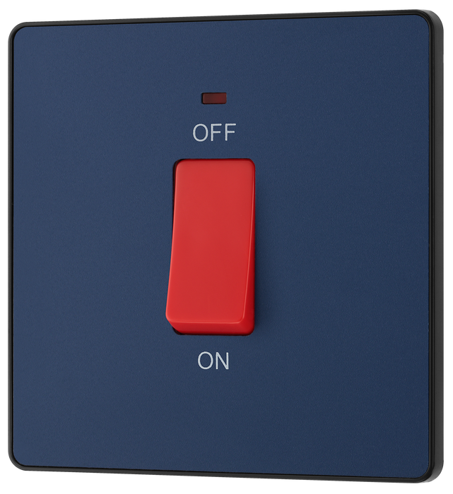 PCDDB74B Front -This Evolve Matt Blue 45A double pole switch with indicator from British General is ideal for use with cookers and ovens. This switch has a low profile screwless flat plate that clips on and off, making it ideal for modern interiors.