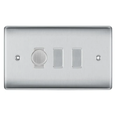 BG Nexus Brushed Steel 3 Gang Switch 1x Trailing Edge LED Dimmer 2x Intermediate Custom Grid