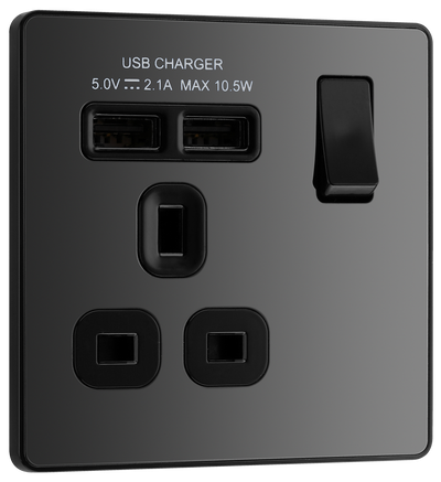 BG PCDBC21U2B Black Chrome Evolve 1 Gang 13A 2x USB-A 2.1A Switched Socket Outlet - Black Insert