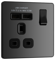 BG PCDBC21U2B Black Chrome Evolve 1 Gang 13A 2x USB-A 2.1A Switched Socket Outlet - Black Insert by British General (BG-PCDBC21U2B-Shopify-SA_1)