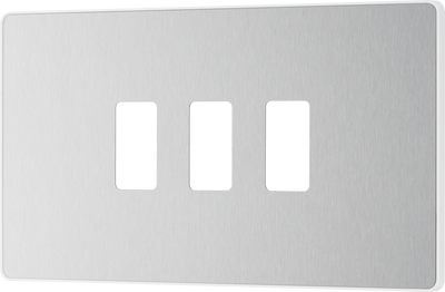 BG RPCDBS3W Evolve Grid Brushed Steel 3 Module Rectangular Front Plate - White Trim