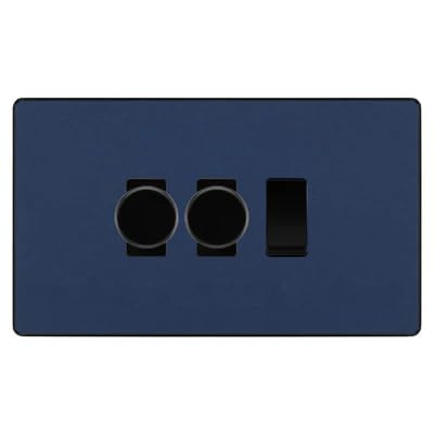 BG Evolve Matt Blue 3 Gang Switch 2x Trailing Edge LED Dimmer 1x Intermediate Custom Grid Switch by British General (BG-Evolve-DB-3G-CUSTOM-2x-Dimmer-1x-INT)