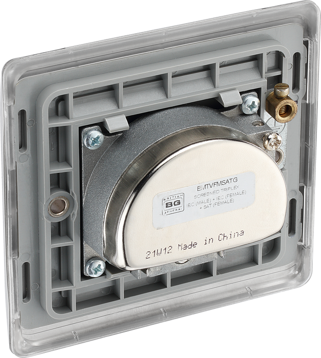 NBS67 Back - This screened Triplex socket from British General has an outlet for TV FM and satellite, with each outlet clearly labelled for ease of identification.