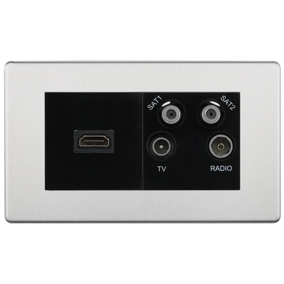 BG Screwless Brushed Steel 4G Faceplate with HDMI + TV/FM/SAT Module - Black by British General (BG-FBSEMR4-HDMI-TVFM2B)