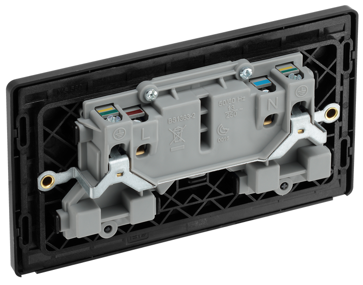 PCDMG22B Back - This Evolve Matt Grey 13A double switched socket from British General has been designed with angled in line colour coded terminals and backed out captive screws for ease of installation, and fits a 25mm back box making it an ideal retro-fit replacement for existing sockets.