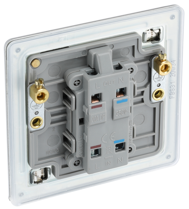 FBS31 Back - This Screwless Flat plate brushed steel finish 20A double pole switch with indicator from British General has been designed for the connection of refrigerators water heaters, central heating boilers and many other fixed appliances.