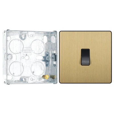 BG Evolve Satin Brass 10AX 1 Way Press Switch PCDSB14B with 25mm Steel Back Box