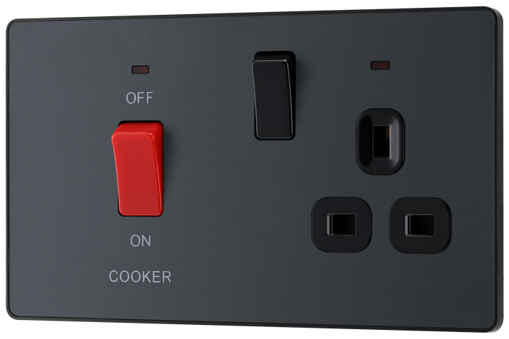 PCDMG70B Front - This Evolve Matt Grey 45A cooker control unit from British General includes a 13A socket for an additional appliance outlet, and has flush LED indicators above the socket and switch. 