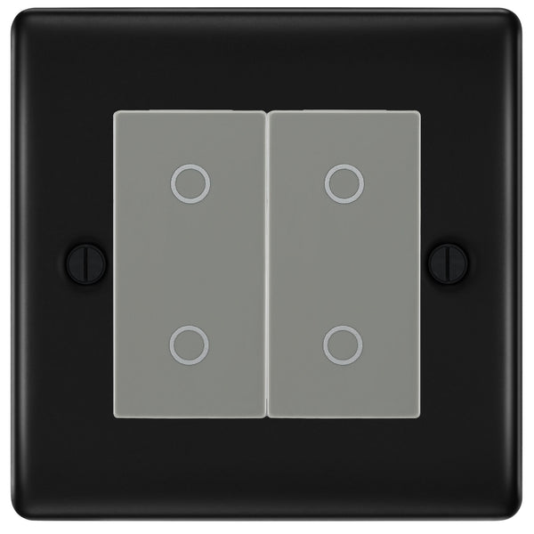 BG Nexus Matt Black Double Master Touch Dimmer Switch Grey Inserts