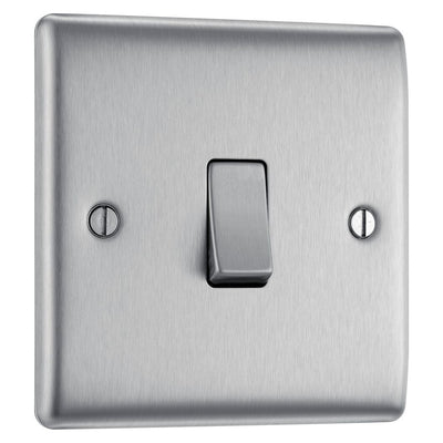 BG Nexus Brushed Steel 20A 16AX 2 Way Single Light Switch NBS12 with 35mm Steel Back Box