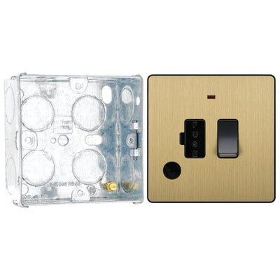 BG Evolve Satin Brass 13A Switched Spur with Neon and Flex Outlet PCDSB52B with 35mm Steel Back Box