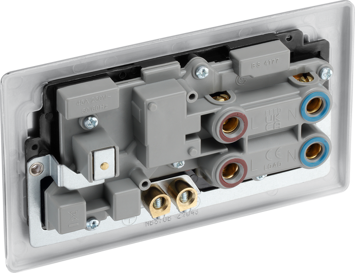 NBS70B Back - This 45A cooker control unit from British General includes a 13A socket for an additional appliance outlet, and has flush LED indicators above the socket and switch.