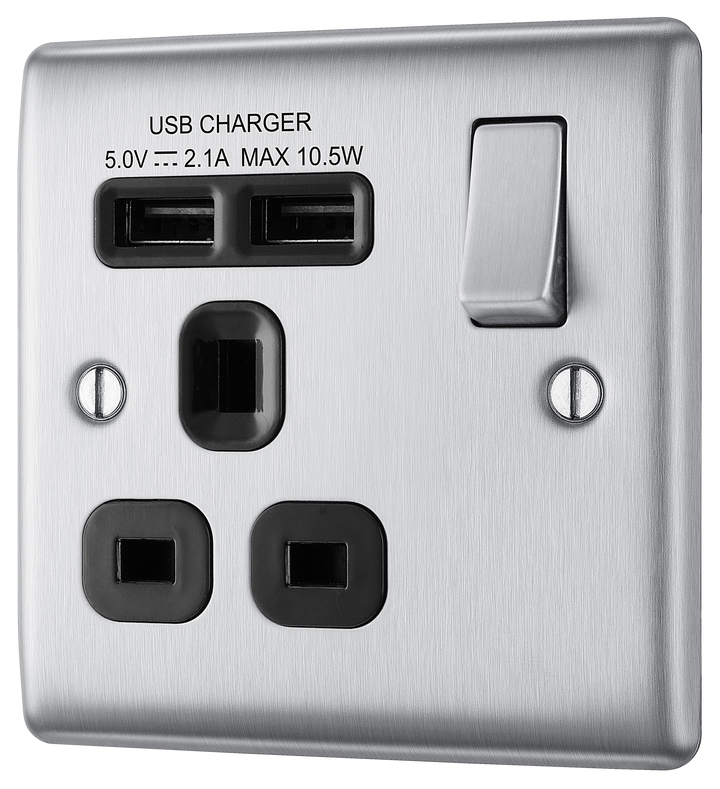 NBS21U2B Front - This 13A single power socket from British General comes with two USB charging ports allowing you to plug in an electrical device and charge mobile devices simultaneously without having to sacrifice a power socket.