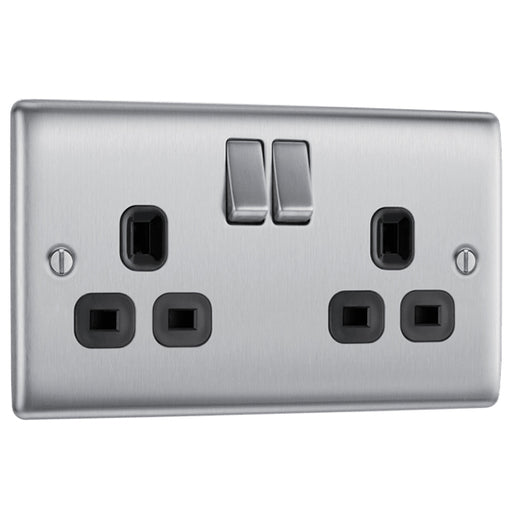 NBS22B Front - This brushed steel finish 13A double switched socket from British General has a sleek and slim profile with softly rounded edges, anti-fingerprint lacquer and no visible plastic around the switches for a luxurious finish. 