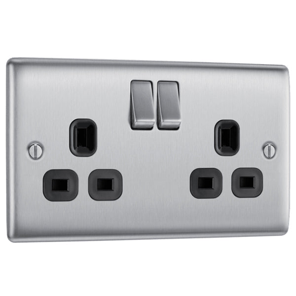 BG NBS22B Nexus Metal Brushed Steel 2 Gang 13A Switched Socket - Black Insert