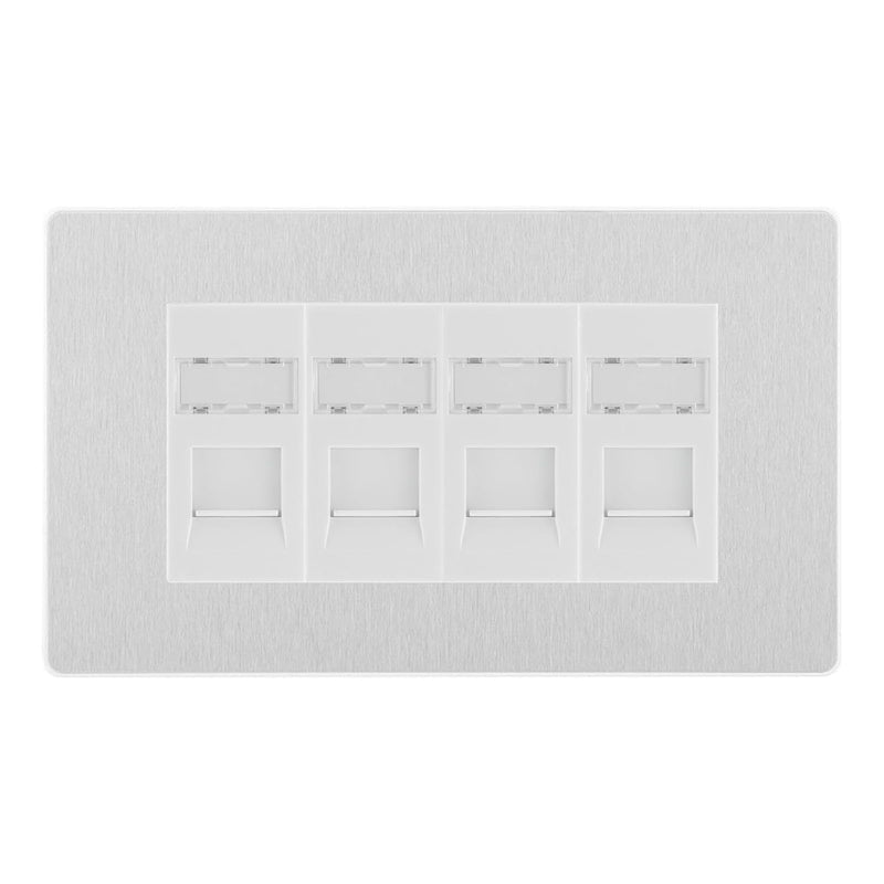 BG Evolve Brushed Steel 4 Gang RJ45 Cat6 Data Socket Outlet White Inserts