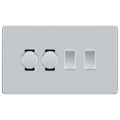BG Screwless Polished Chrome 4 Gang Switch 2x Trailing Edge LED Dimmer 2x Intermediate Custom Grid Switch by British General (BG-SCRL-PC-4G-CUSTOM-2x-Dimmer-2x-INT)