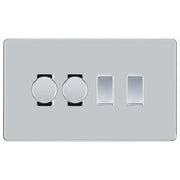 BG Screwless Polished Chrome 4 Gang Switch 2x Trailing Edge LED Dimmer 2x Intermediate Custom Grid Switch by British General (BG-SCRL-PC-4G-CUSTOM-2x-Dimmer-2x-INT)