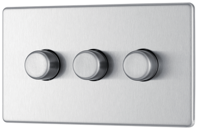 BG Electrical FBS83 Nexus Flatplate Screwless Brushed Steel 3 Gang 200W 2 Way Trailing-Edge Push Dimmer Switch