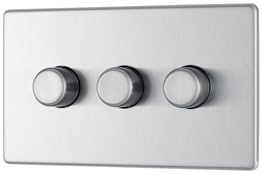 FBS83 Front - This trailing edge triple dimmer switch from British General allows you to control your light levels and set the mood. The intelligent electronic circuit monitors the connected load and provides a soft-start with protection against thermal.