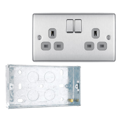 BG Nexus Metal Brushed Steel 13A Double Socket NBS22G with 25mm Steel Back Box by British General (BG-NBS22G+HGS04)