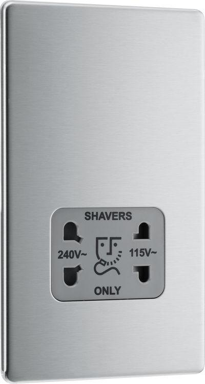 BG Electrical FBS20G Nexus Screwless Flat-Plate Shaver Socket Outlet Brushed Steel Grey Insert Dual Voltage 115V - 230V by British General (BG-FBS20G-Shopify-SA_1)