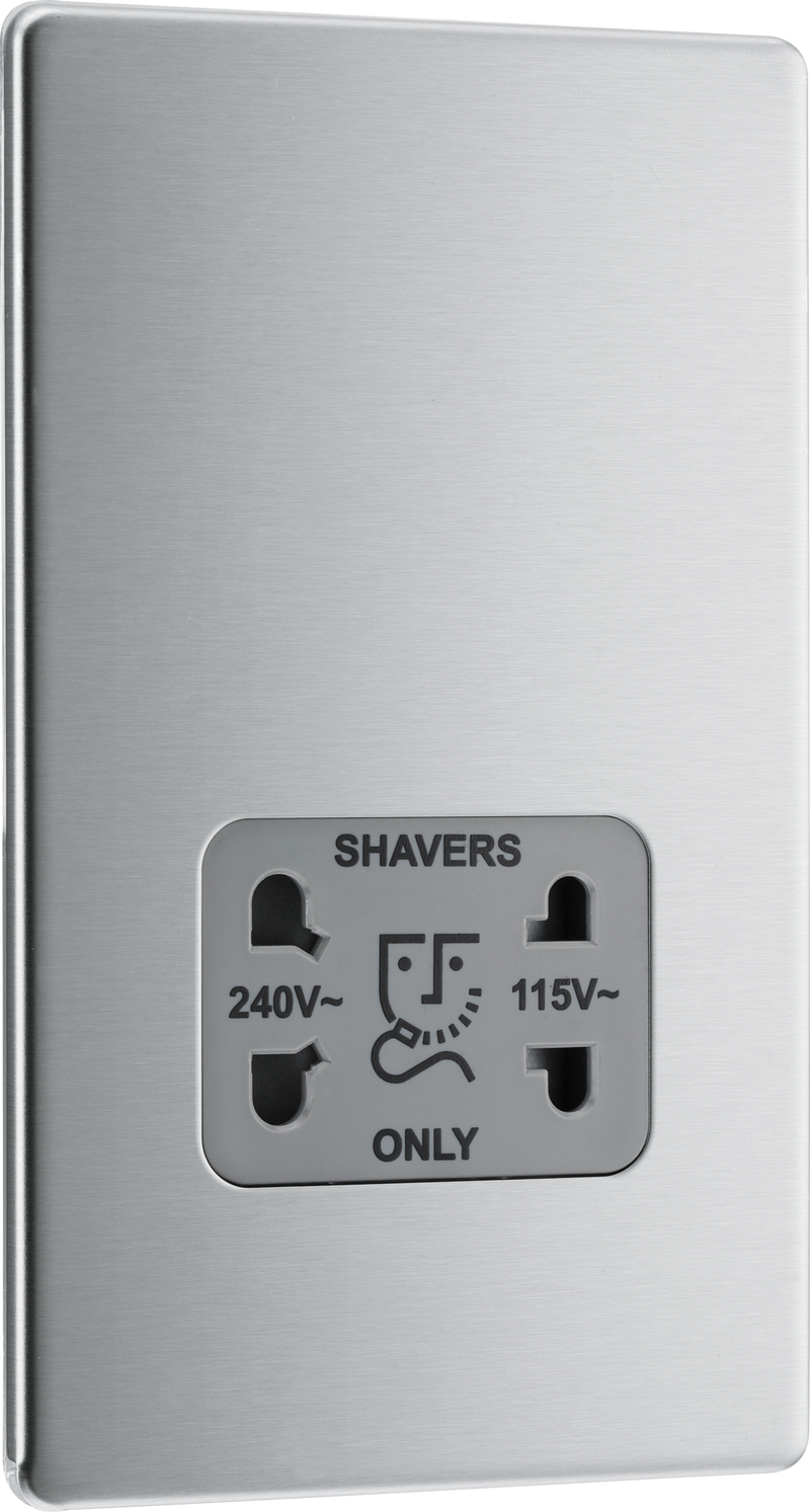 BG Electrical FBS20G Nexus Screwless Flat-Plate Shaver Socket Outlet Brushed Steel Grey Insert Dual Voltage 115V - 230V